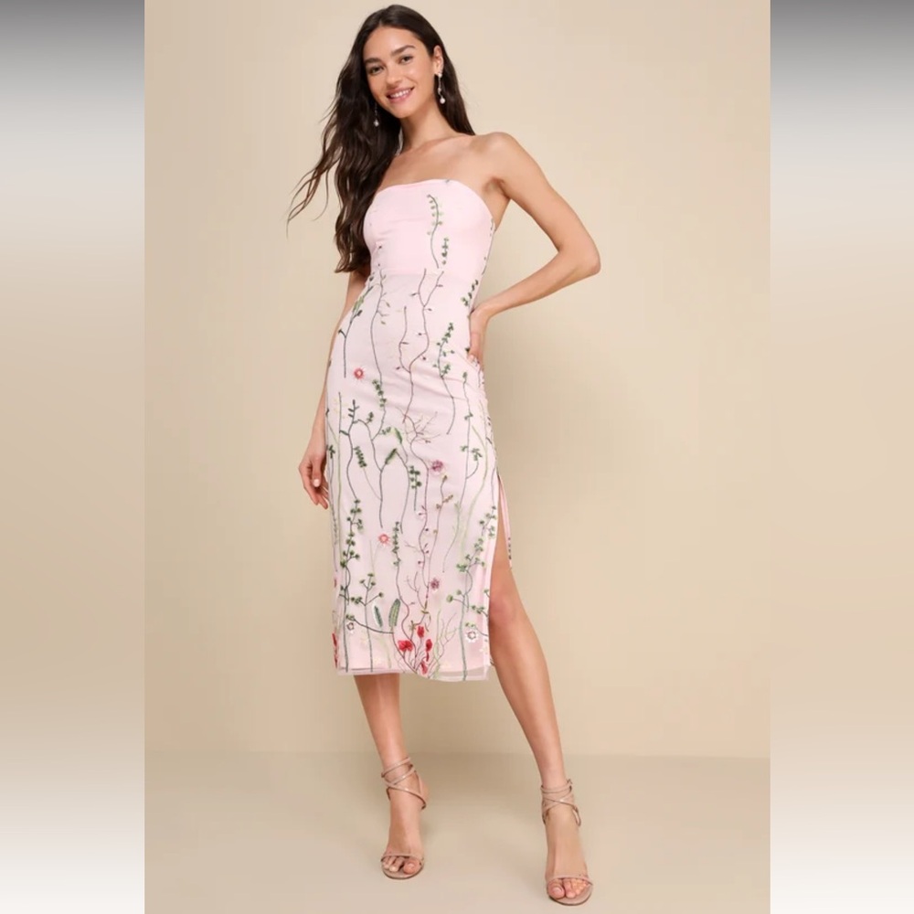 Bold Botanicals Pink Floral Embroidered Strapless Midi Dress